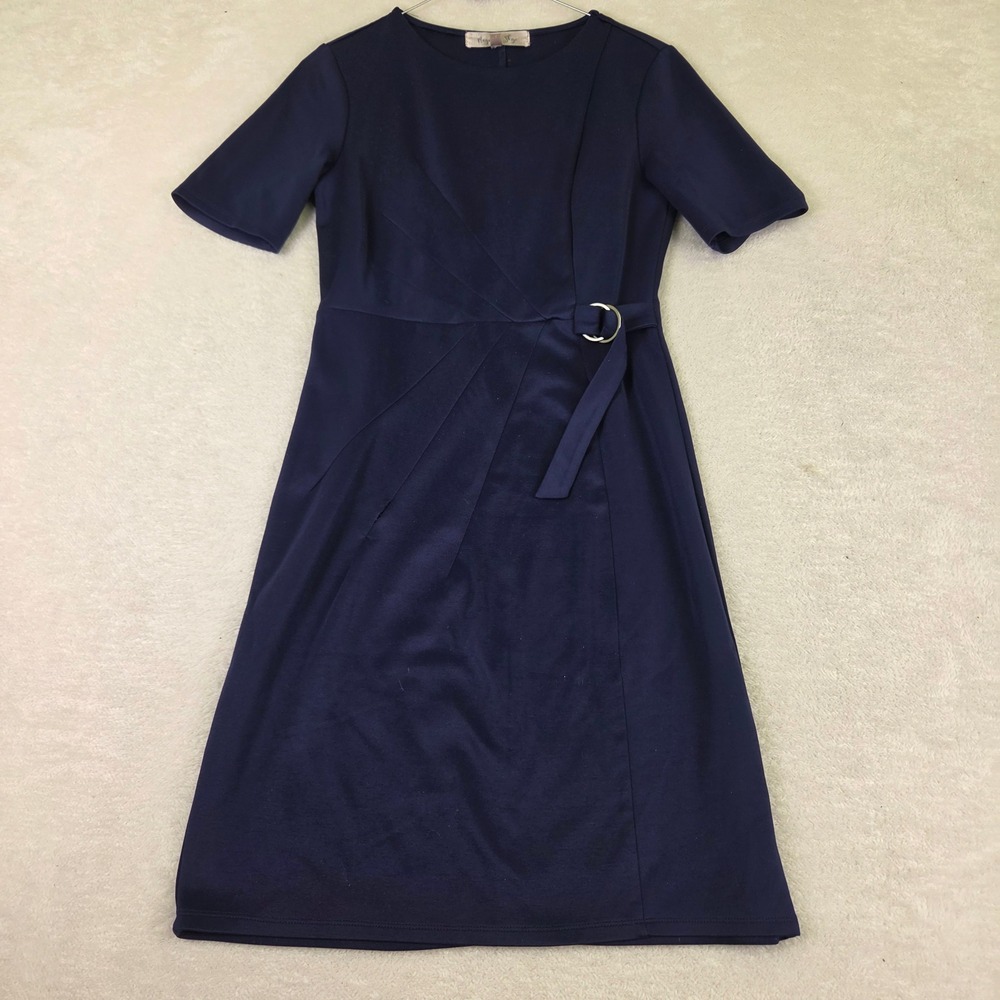 Magnolia Skye Navy Blue Short Sleeve O-Ring Buckle Pleated Sheath Dress Medium